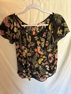 Philosophy Black Floral Flutter Sleeve Blouse with Pink & Yellow Flowers